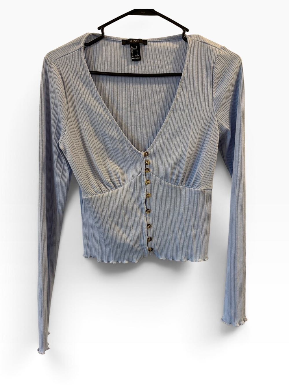 Forever 21 Light Blue Ribbed Long-Sleeve Button Front Top size Large